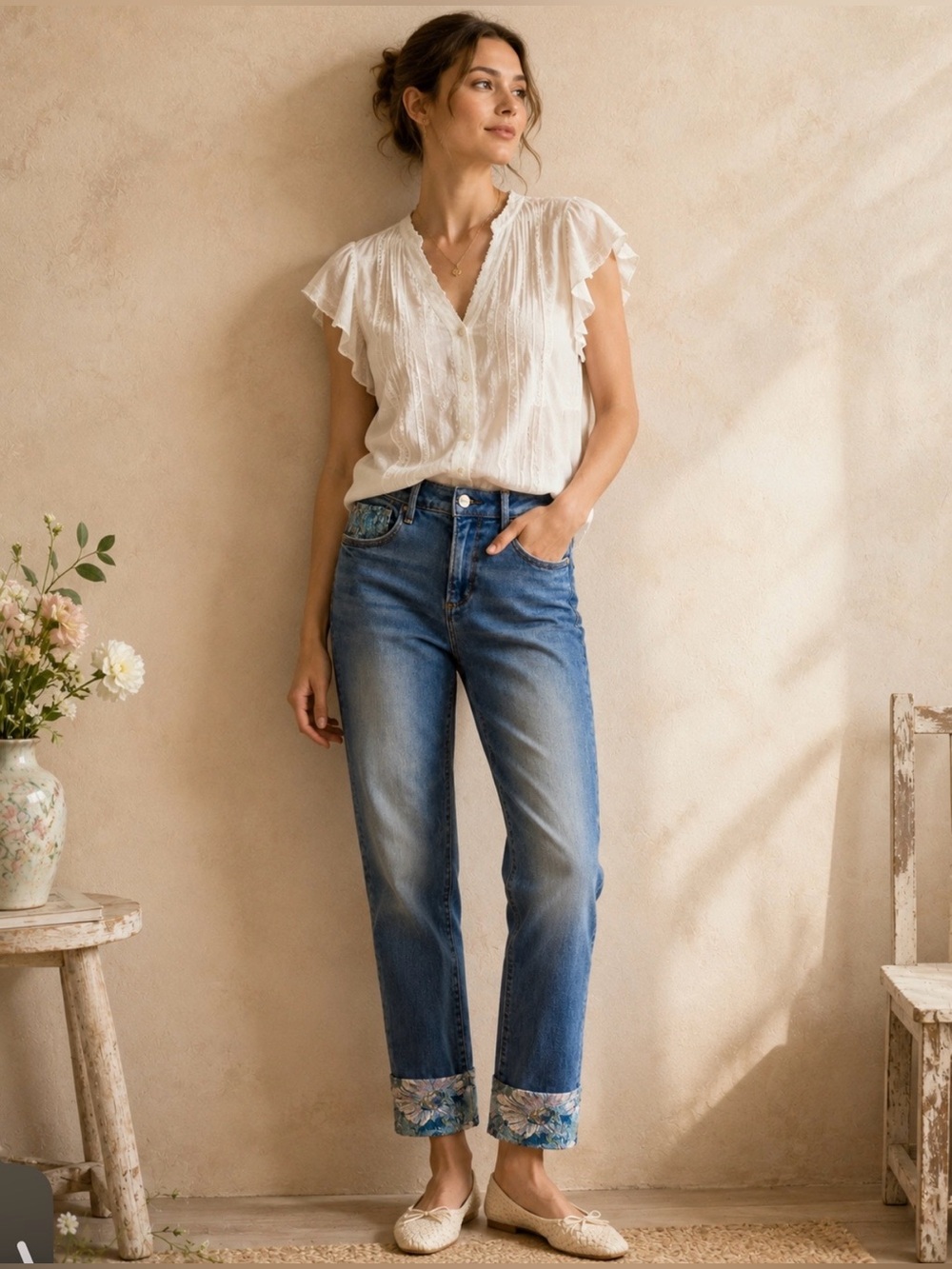 DRIFTWOOD Blue Cropped Straight Jeans with Floral Cuff size 26